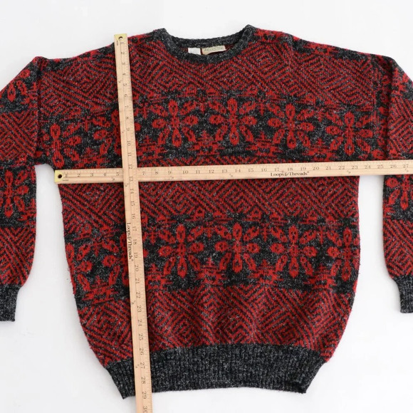 Vintage Men's Store 35% Wool Red Gray Eclectic Grandpa Knit Crewneck Sweater XLT - Picture 3 of 10